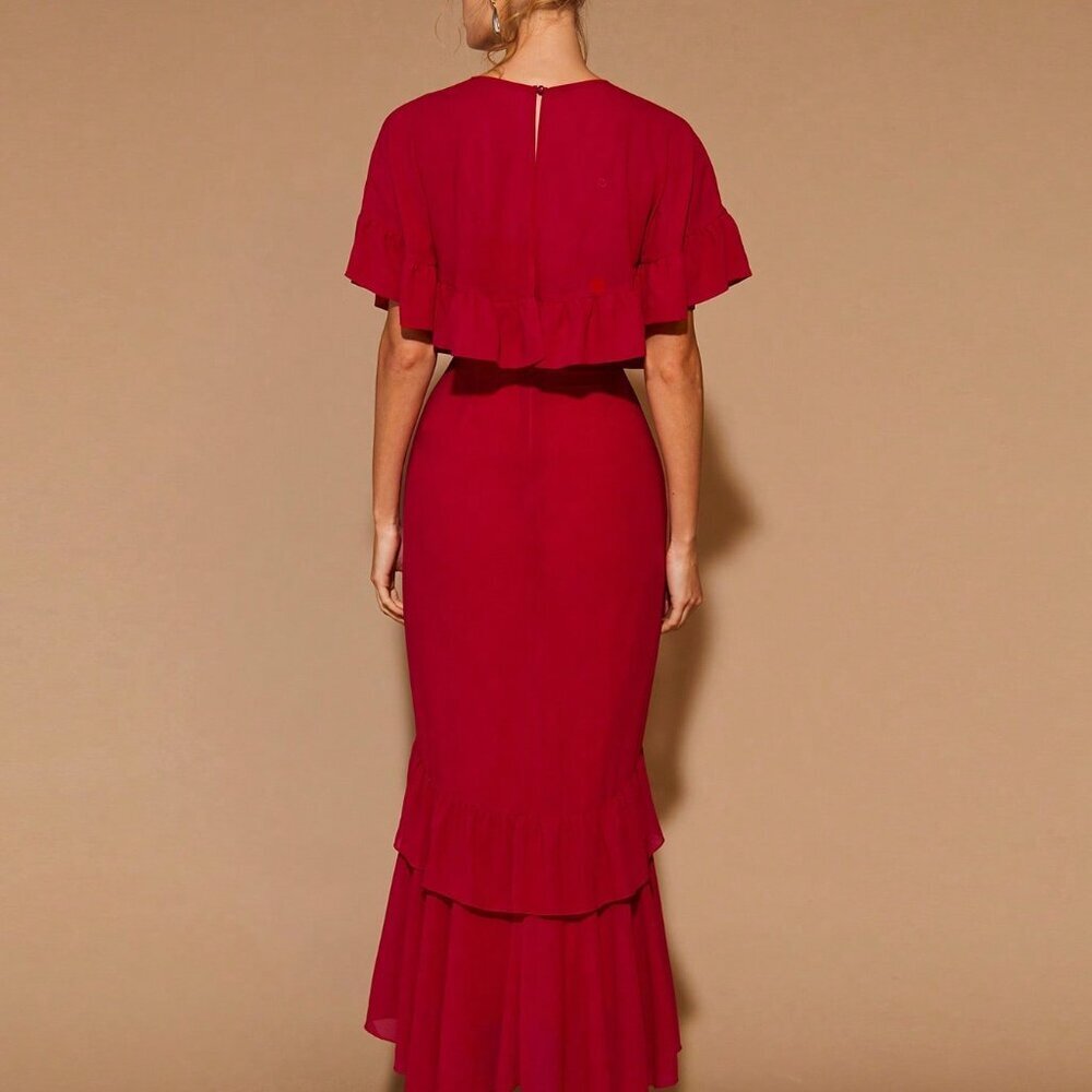 Fiery Red Elegant Women's Ruffle Trim Round Neck Long - Picture 3 of 7